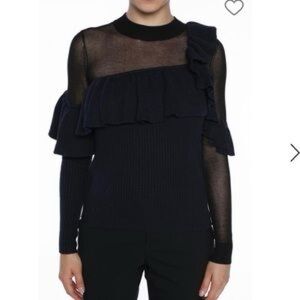 Self Portrait Black Ruffle Sheer Panel Sweater